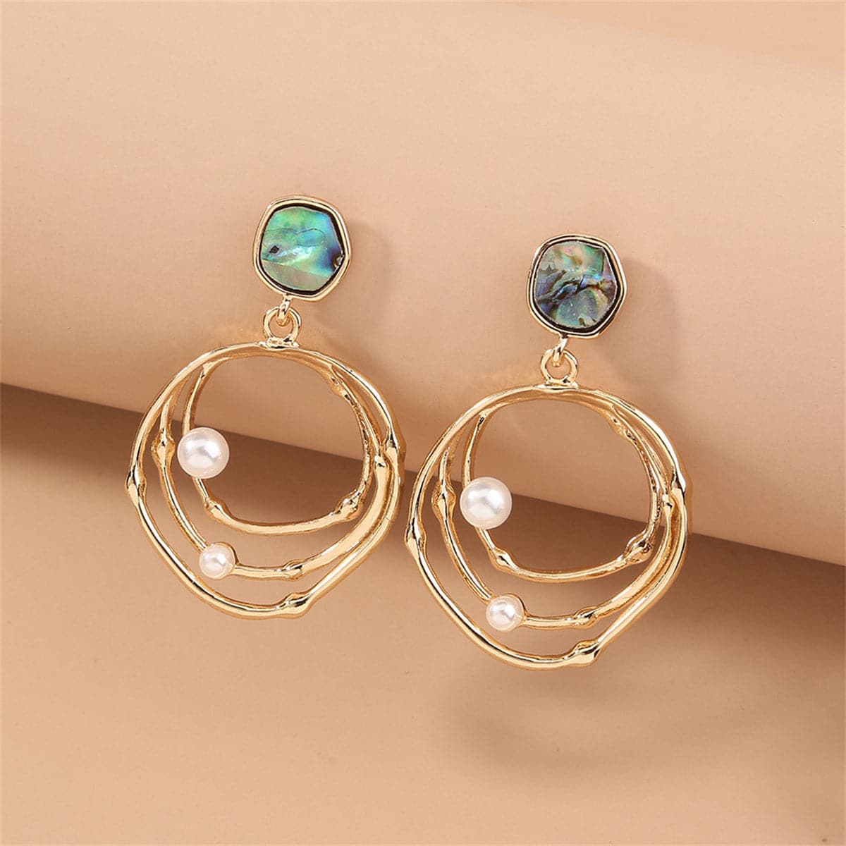 Abalone Shell and Pearl 18K Gold-Plated Layered Drop Earrings, gold drop earrings for women, botanical inspired, front view