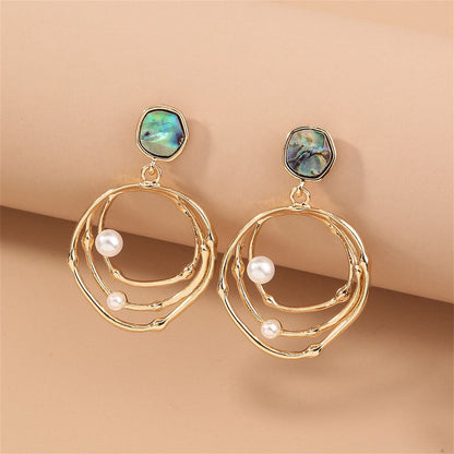 Abalone Shell and Pearl 18K Gold-Plated Layered Drop Earrings, gold drop earrings for women, botanical inspired, front view