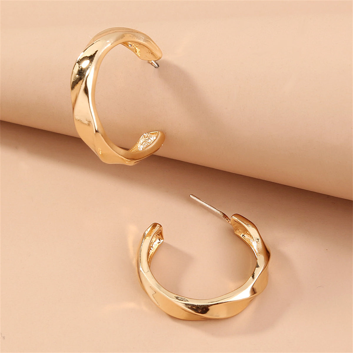 18K Gold-Plated Twisted Hoop Earrings, dainty minimalist design, front view