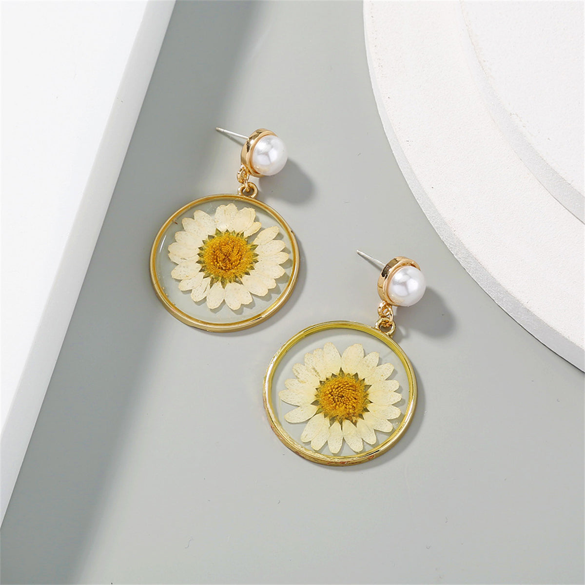 Pearl and 18K Gold-Plated Resin Mum Drop Earrings, gold drop earrings for women, vintage-inspired design, side view