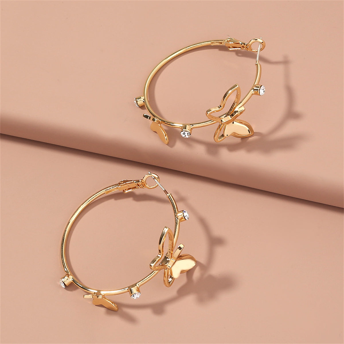 Cubic Zirconia and 18K Gold-Plated Butterfly Hoop Earrings, vintage-inspired design, front view