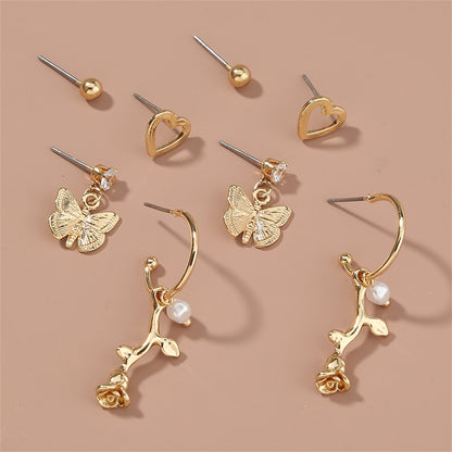Cubic Zirconia and 18K Gold-Plated Butterfly Drop Earrings Set, gold stud earrings for women, botanical inspired, front view