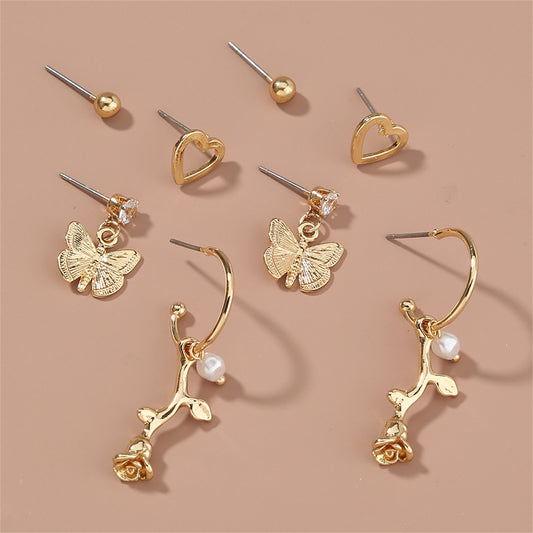 Cubic Zirconia and 18K Gold-Plated Butterfly Drop Earrings Set, gold stud earrings for women, botanical inspired, front view