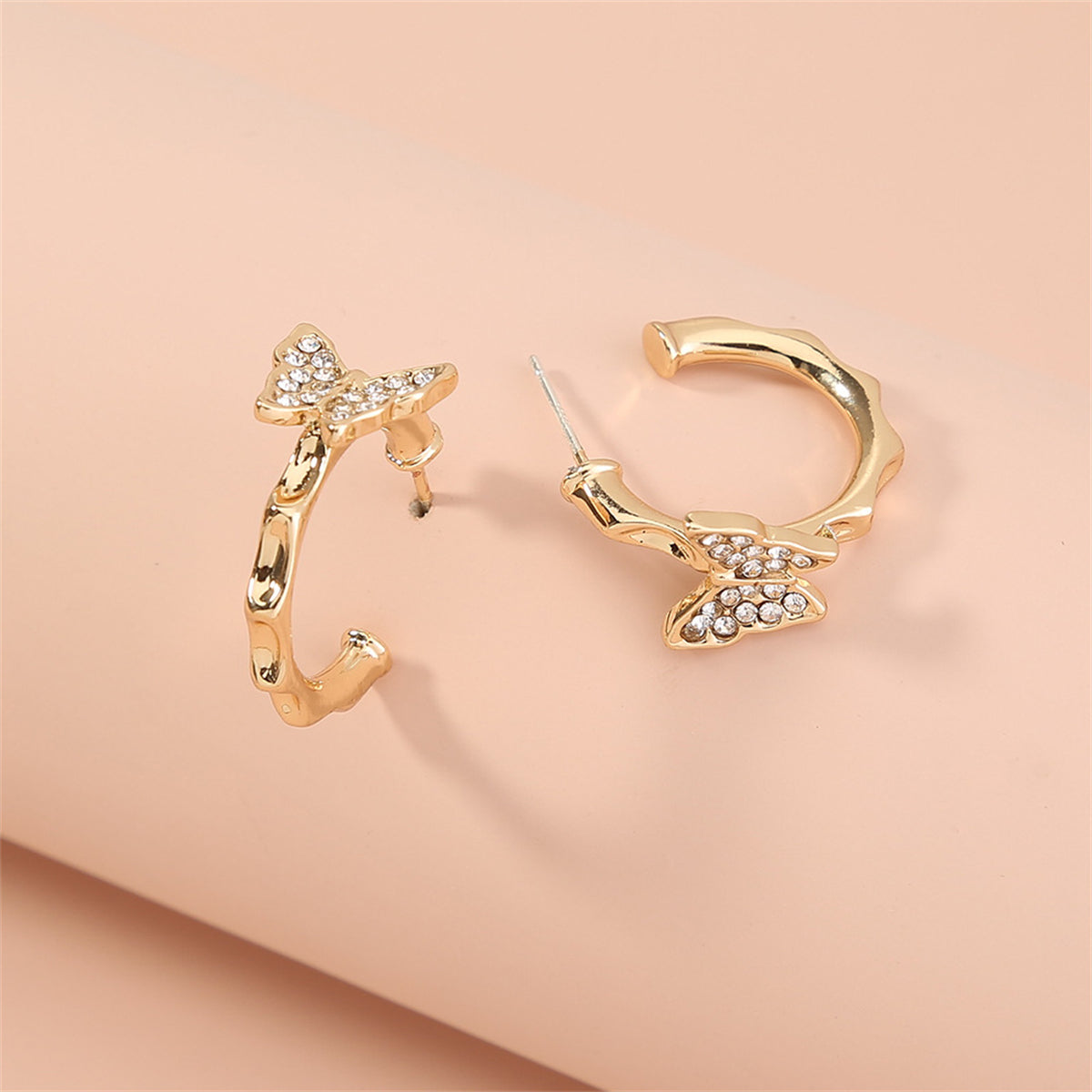 Cubic Zirconia and 18K Gold-Plated Butterfly Huggie Earrings, gold huggie earrings, everyday style, front view