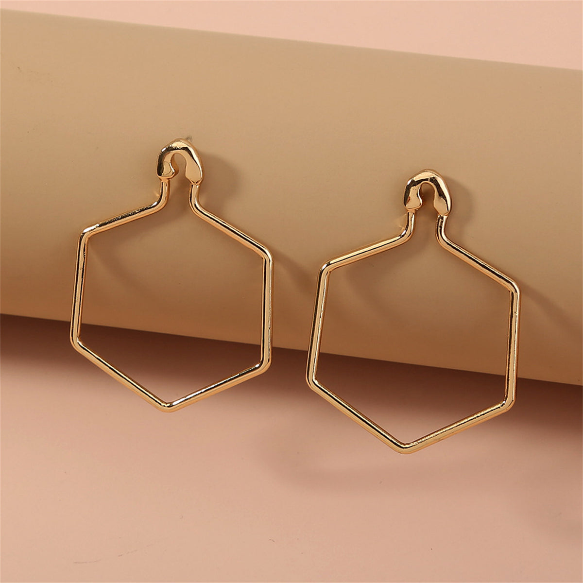 18K Gold-Plated Open Hexagon Drop Earrings, gold drop earrings for women, dainty minimalist design, front view
