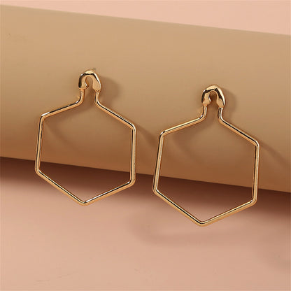 18K Gold-Plated Open Hexagon Drop Earrings, gold drop earrings for women, dainty minimalist design, front view