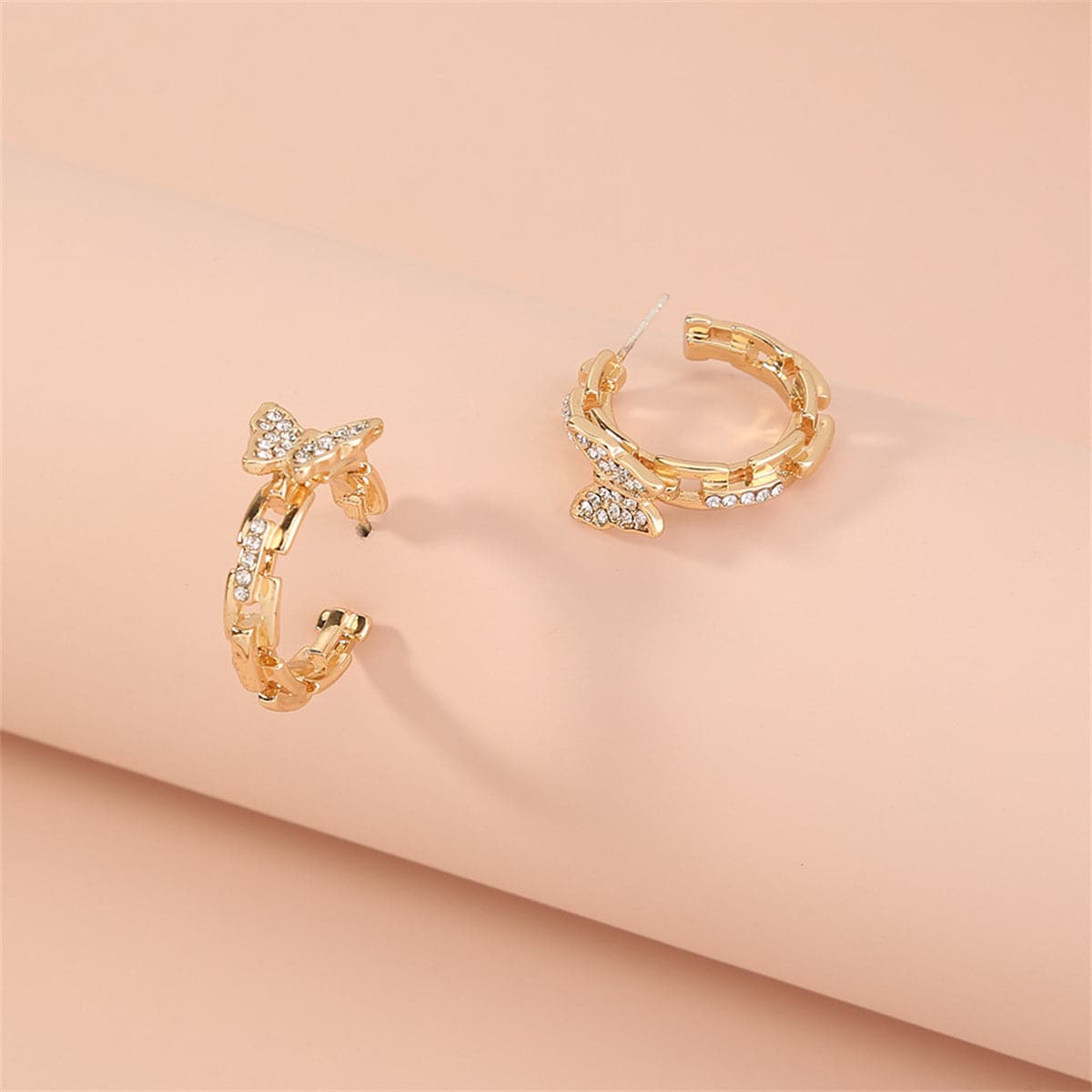 Cubic Zirconia and 18K Gold-Plated Chain Butterfly Huggie Earrings, gold huggie earrings, everyday style, front view