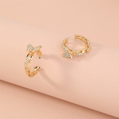 Cubic Zirconia and 18K Gold-Plated Chain Butterfly Huggie Earrings, gold huggie earrings, everyday style, front view