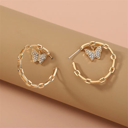 Cubic Zirconia and 18K Gold-Plated Butterfly Chain Hoop Earrings, gold drop earrings for women, front view
