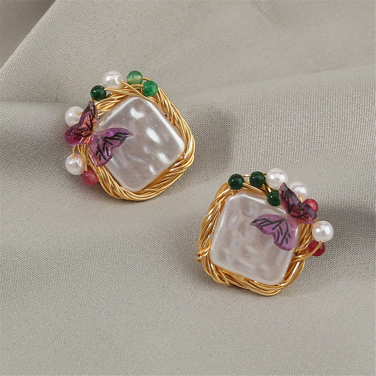 Pearl and Purple Butterfly Square Stud Earrings, stud earrings for women, elegant gift for her, front view