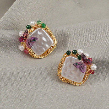 Pearl and Purple Butterfly Square Stud Earrings, stud earrings for women, elegant gift for her, front view