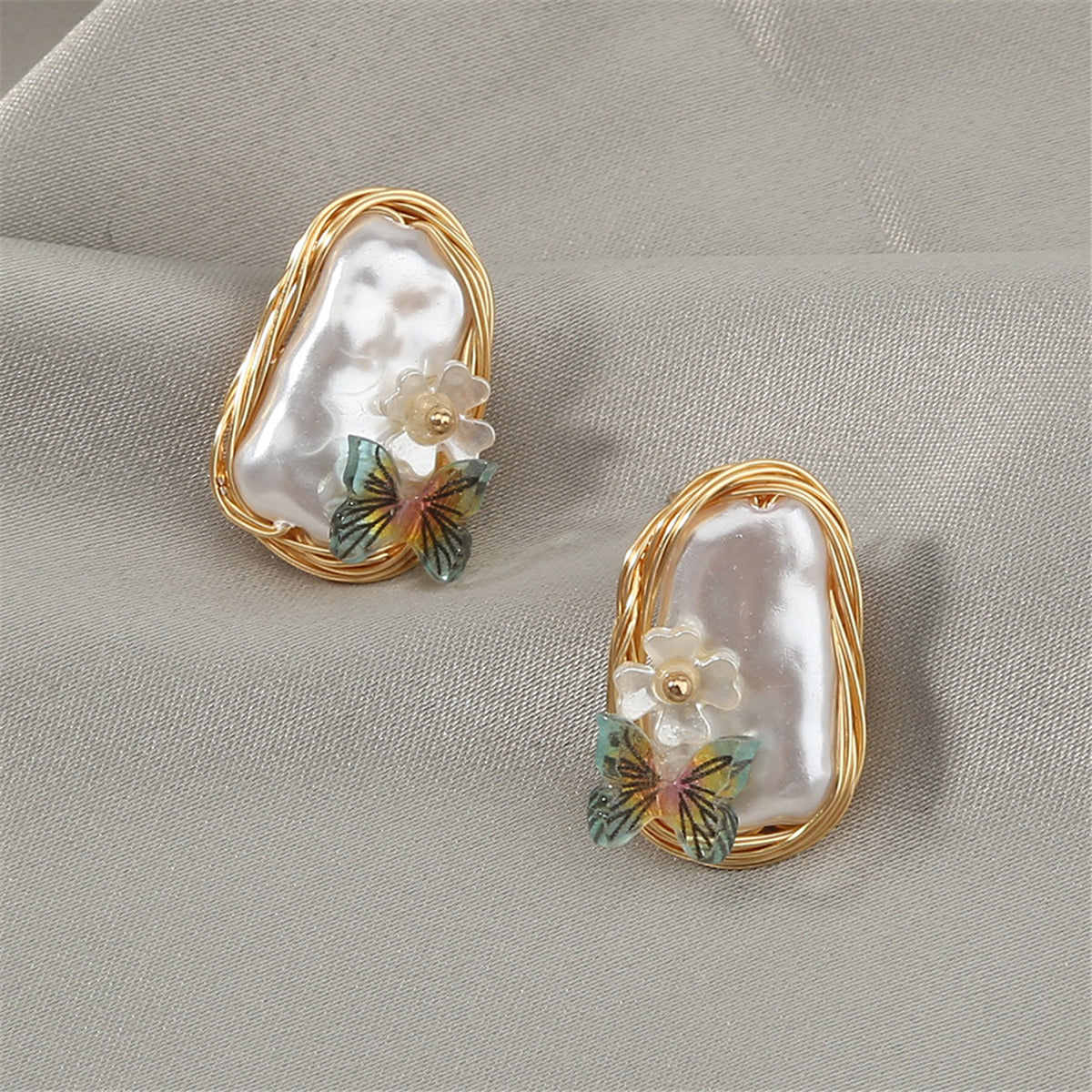 Pearl and Green Butterfly Stud Earrings, stud earrings for women, everyday style, front view
