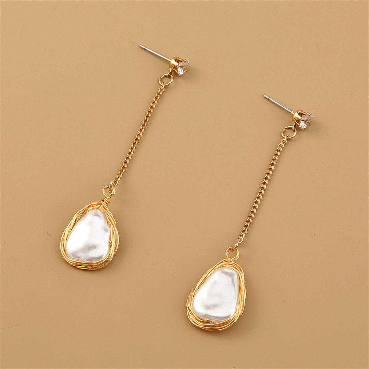 Cubic Zirconia and Pearl 18K Gold-Plated Chain Drop Earrings, gold drop earrings for women, front view