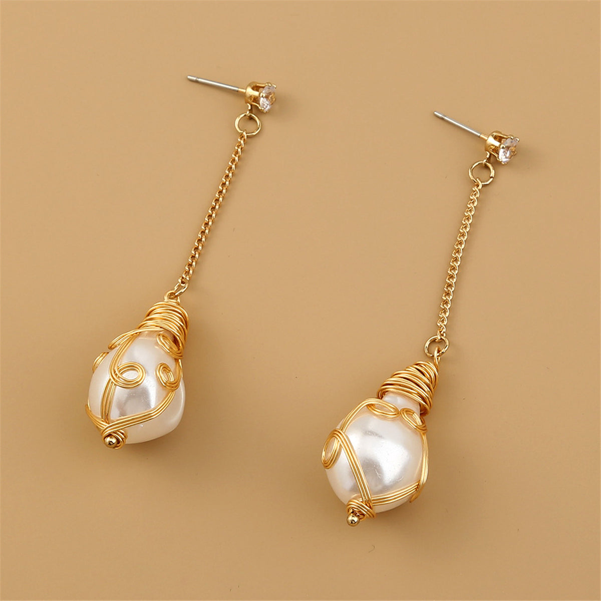 Pearl and Cubic Zirconia 18K Gold-Plated Entangled Drop Earrings, gold drop earrings for women, front view