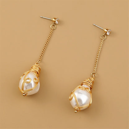 Pearl and Cubic Zirconia 18K Gold-Plated Entangled Drop Earrings, gold drop earrings for women, front view