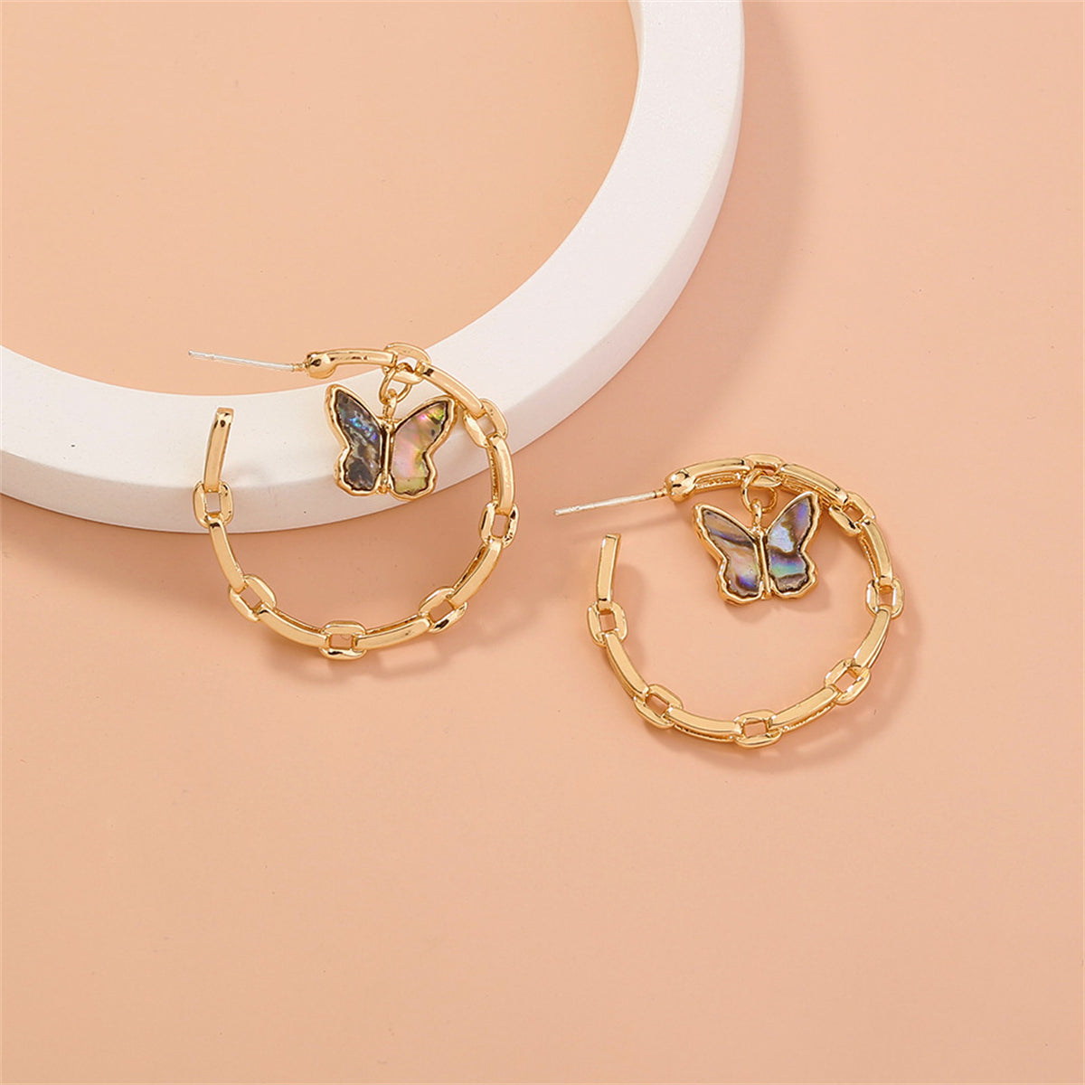 Abalone Shell and 18K Gold-Plated Butterfly Chain Hoop Earrings, gold drop earrings for women, everyday style, front view