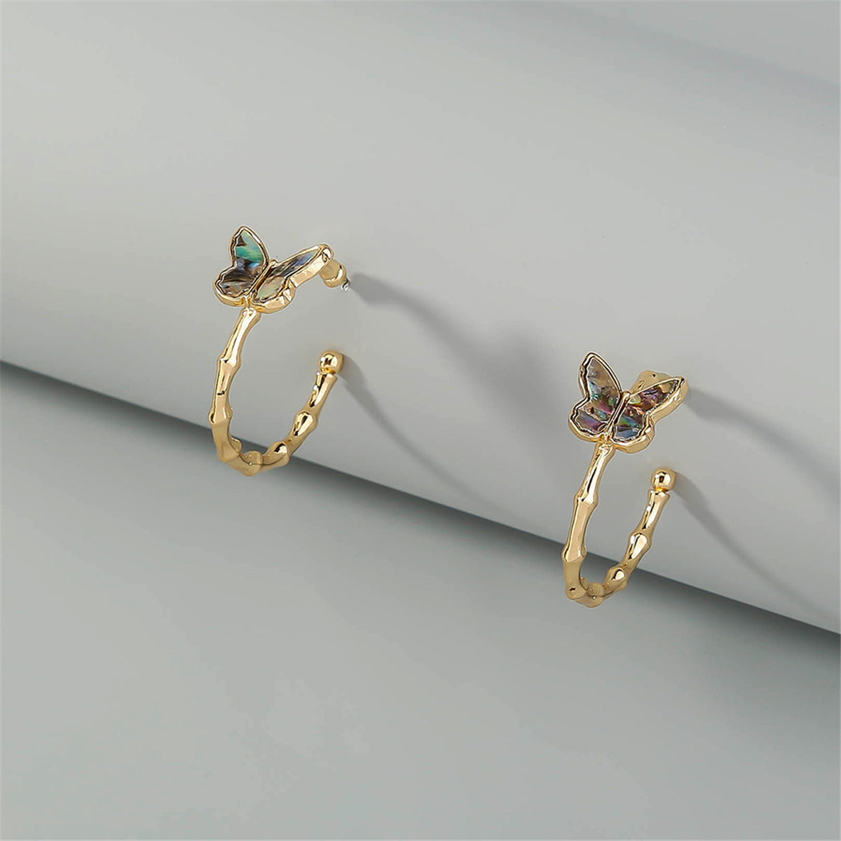 Abalone and 18K Gold-Plated Bamboo Butterfly Open Hoop Earrings, gold stud earrings for women, side view