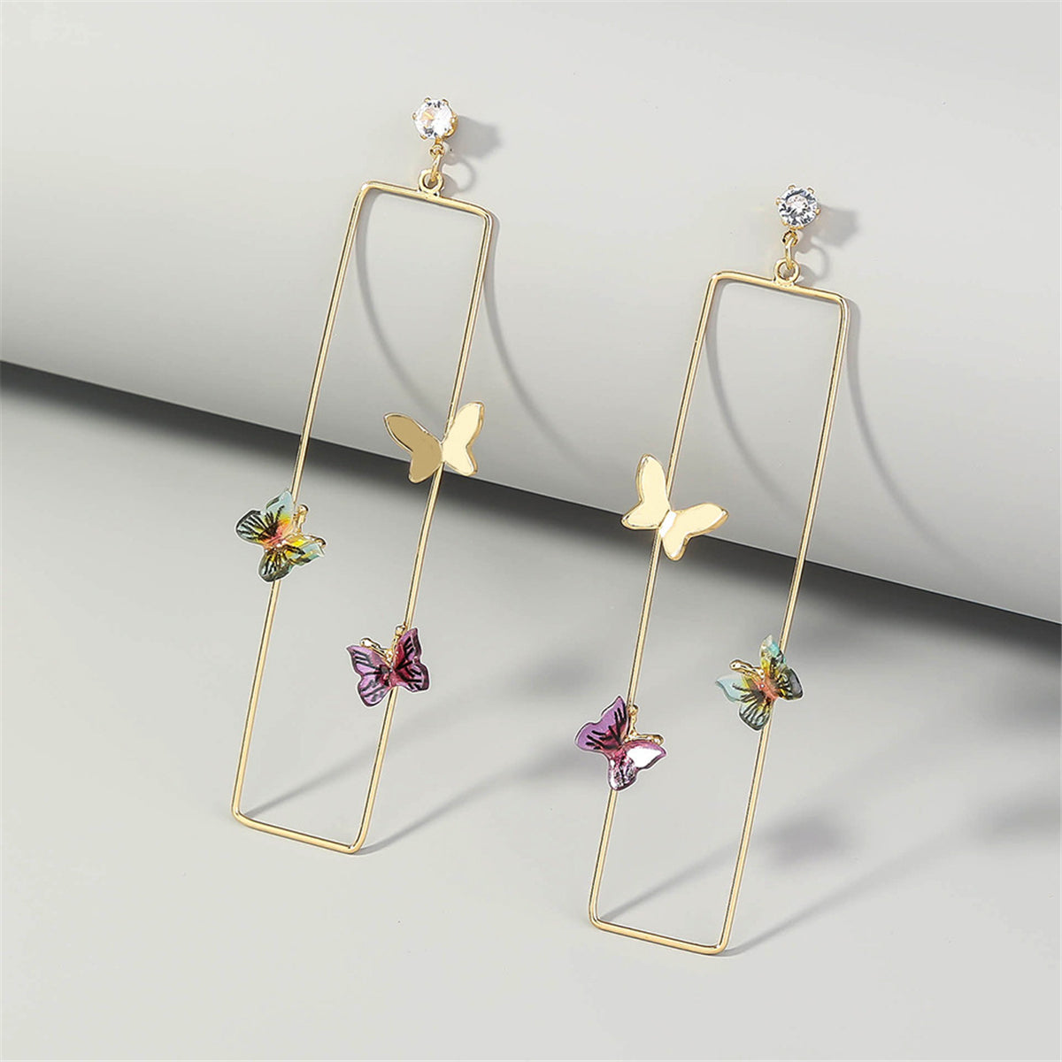 Cubic Zirconia and Acrylic 18K Gold-Plated Butterfly Rectangle Drop Earrings, gold drop earrings for women, front view