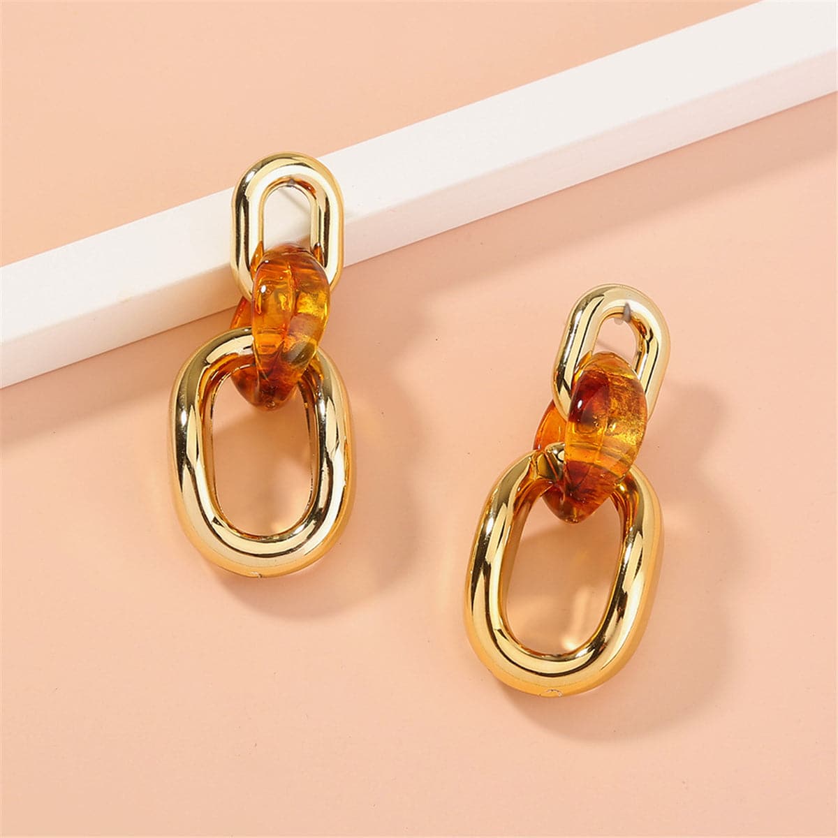 Orange and 18K Gold-Plated Link Drop Earrings, gold drop earrings for women, everyday style, front view