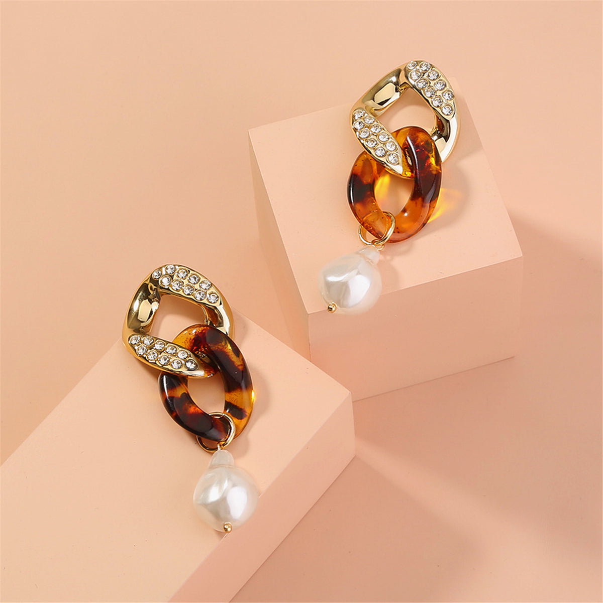 Pearl and Cubic Zirconia Resin 18K Gold-Plated Chain Link Drop Earrings, gold drop earrings for women, side view