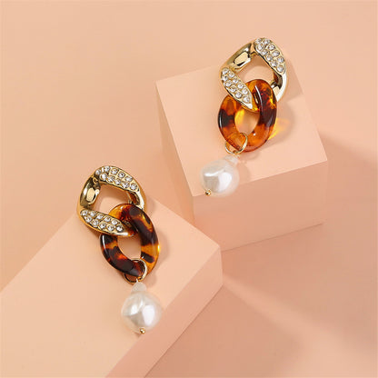 Pearl and Cubic Zirconia Resin 18K Gold-Plated Chain Link Drop Earrings, gold drop earrings for women, side view
