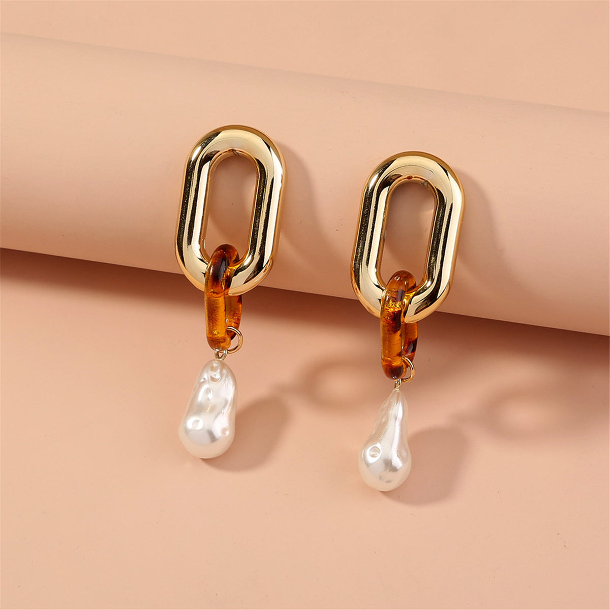 Pearl and Resin 18K Gold-Plated Leopard-Print Drop Earrings, gold drop earrings for women, front view