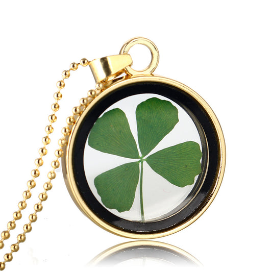 Clover and 18K Gold-Plated Pendant Necklace, gold pendant necklace for women, vintage-inspired design, front view