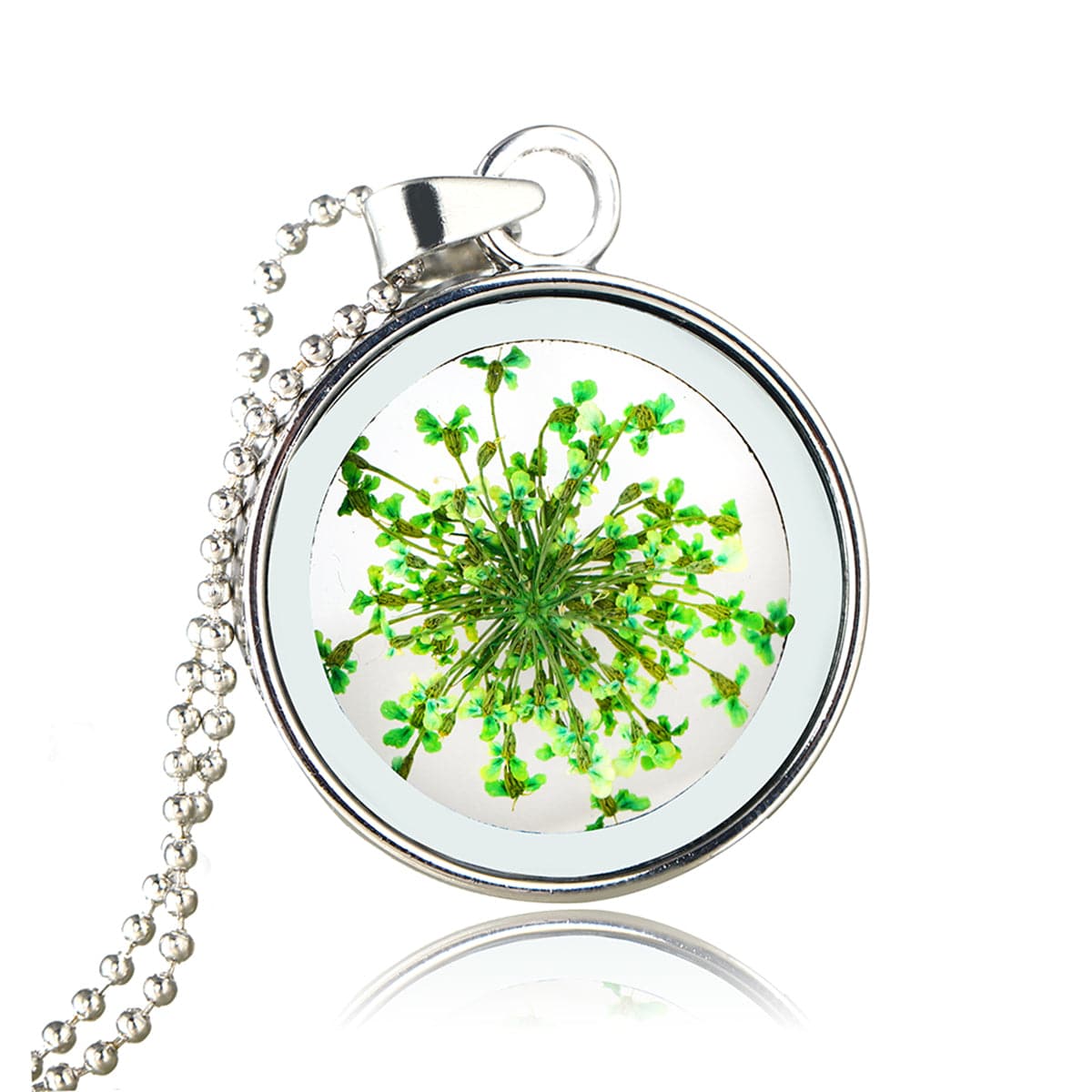 Green Gypsophila and Silver-Plated Round Pendant Necklace, silver pendant necklace for women, front view