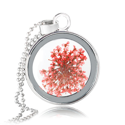 Red Gypsophila and Silver-Plated Round Pendant Necklace, silver pendant necklace for women, elegant gift for her, side view