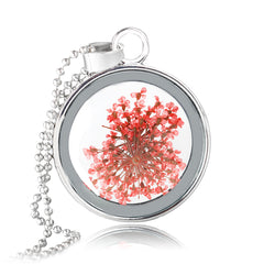 Red Gypsophila & Silver-Plated Round Pendant Necklace