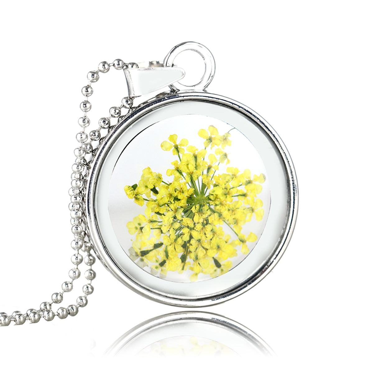 Yellow Gypsophila & Silver-Plated Resin Round Pendant Necklace