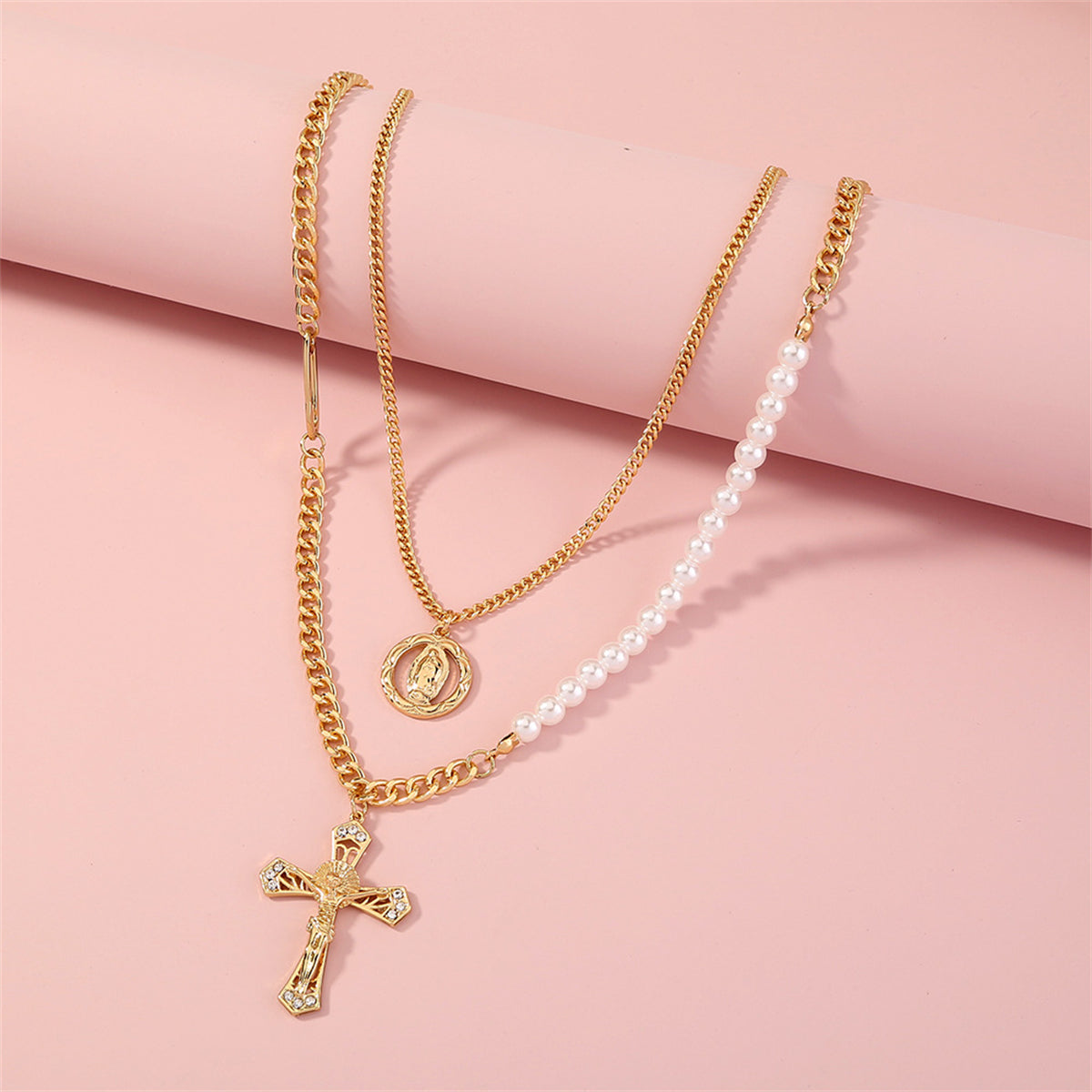 Cubic Zirconia and Pearl 18K Gold-Plated Cross Layered Necklace, gold pendant necklace for women, detail close-up