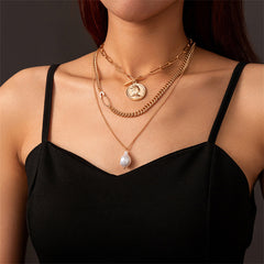 Pearl & 18K Gold-Plated Layered Coin Pendant Necklace Set