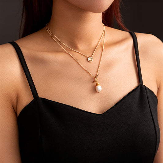 Pearl and 18K Gold-Plated Knot-Detail Layered Pendant Necklace, gold pendant necklace for women, front view