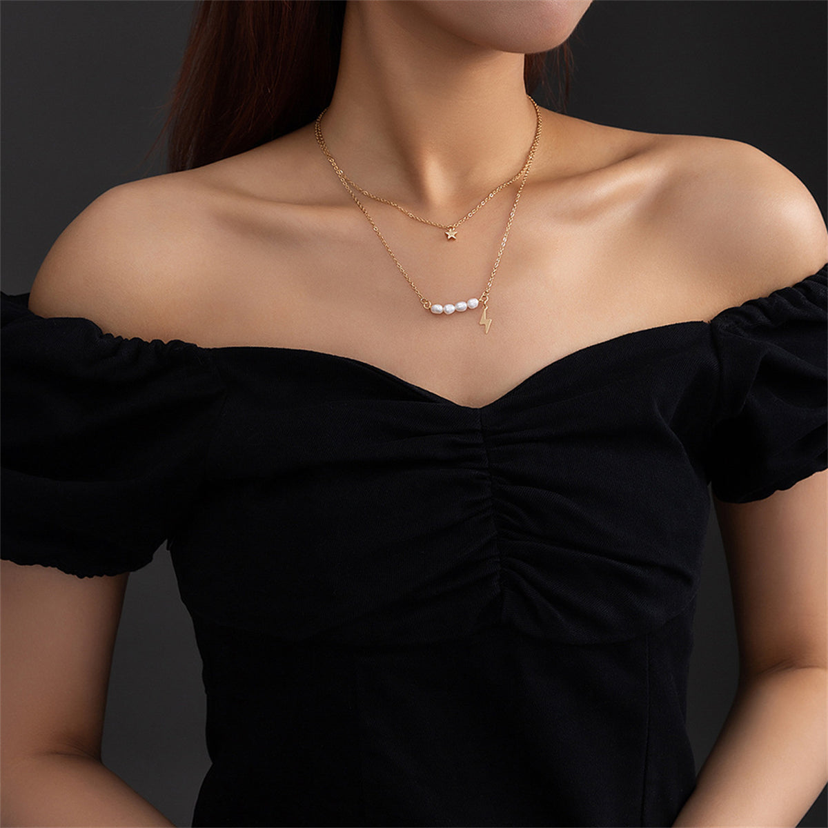 Pearl and 18K Gold-Plated Lightning Star Layered Necklace, gold pendant necklace for women, botanical inspired, front view