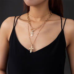 Cubic Zirconia & 18K Gold-Plated Cross Layered Pendant Necklace