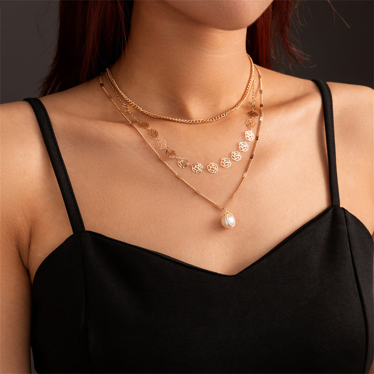 Pearl and 18K Gold-Plated Lotus Layered Station Necklace, gold pendant necklace for women, elegant gift for her, front view