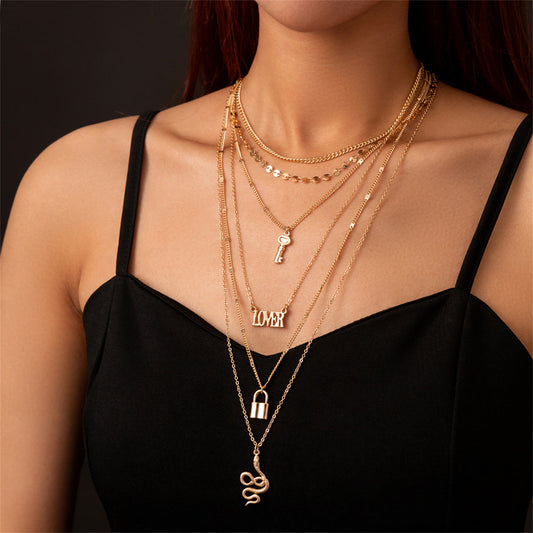 18K Gold-Plated Key and Lock Pendant Necklace Set, jewelry gift sets for women, vintage-inspired design, front view