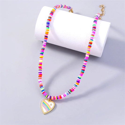 Enamel and Polymer Clay 18K Gold-Plated Rainbow Heart Pendant Necklace, gold pendant necklace for women, front view