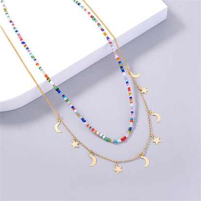 Blue and Red Acrylic Beaded Necklace and 18K Gold-Plated Celestial Pendant Necklace Set, jewelry gift sets..., front view