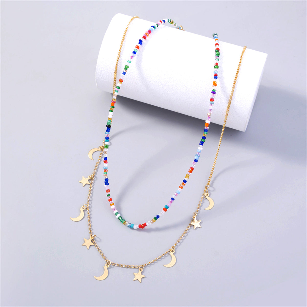 Blue & Red Acrylic Beaded Necklace & 18K Gold-Plated Celestial Pendant Necklace Set