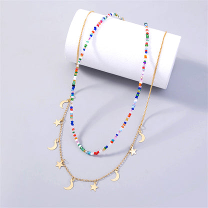 Blue and Red Acrylic Beaded Necklace and 18K Gold-Plated Celestial Pendant Necklace Set, jewelry gift sets for..., side view