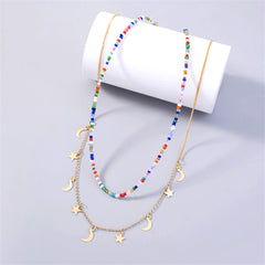 Blue & Red Acrylic Beaded Necklace & 18K Gold-Plated Celestial Pendant Necklace Set