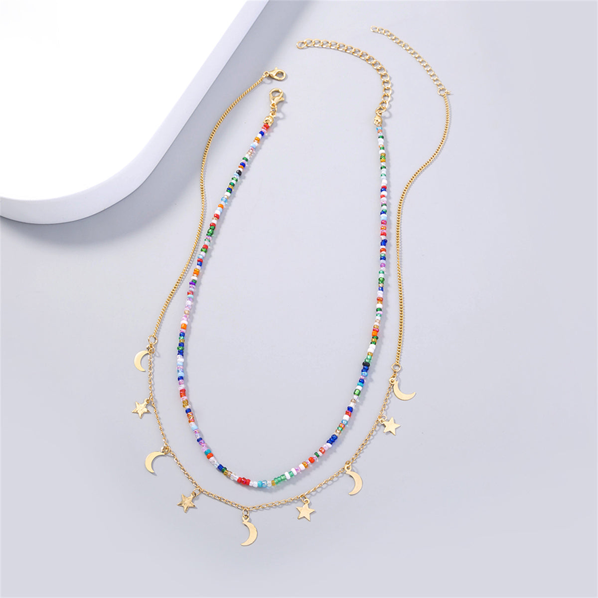 Blue & Red Acrylic Beaded Necklace & 18K Gold-Plated Celestial Pendant Necklace Set