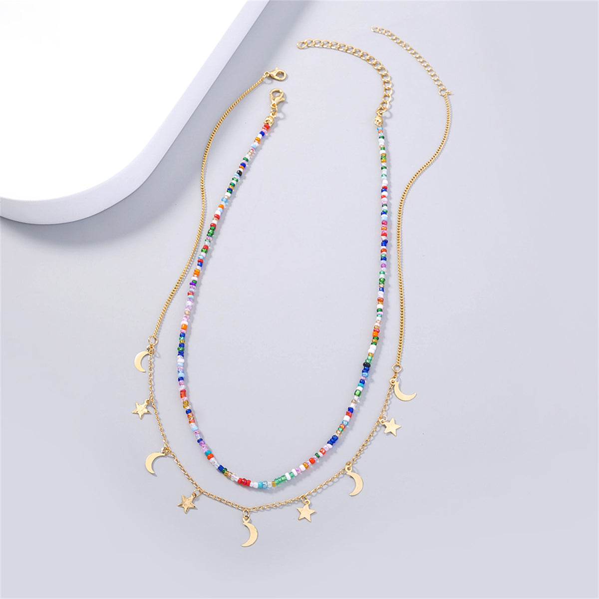 Blue and Red Acrylic Beaded Necklace and 18K Gold-Plated Celestial Pendant Necklace Set, jewelry gift..., detail close-up