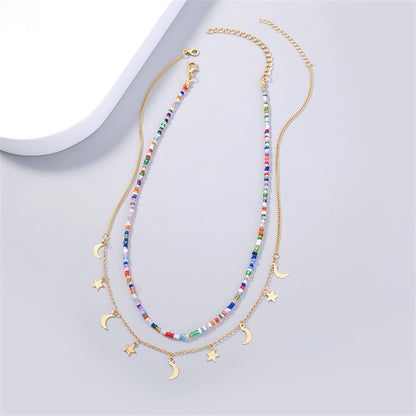 Blue and Red Acrylic Beaded Necklace and 18K Gold-Plated Celestial Pendant Necklace Set, jewelry gift..., detail close-up