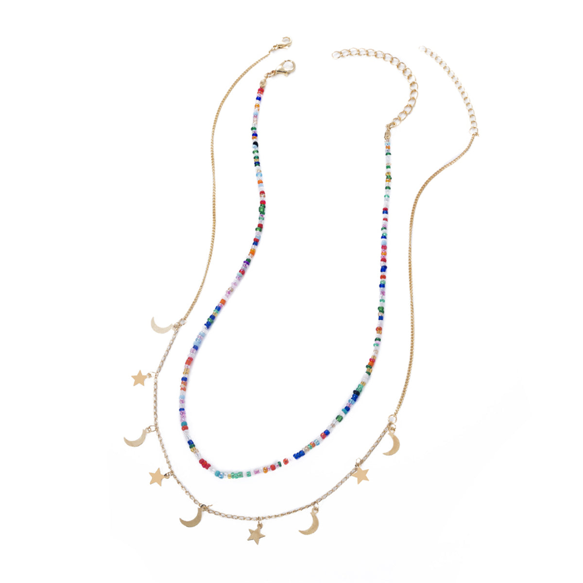 Blue & Red Acrylic Beaded Necklace & 18K Gold-Plated Celestial Pendant Necklace Set