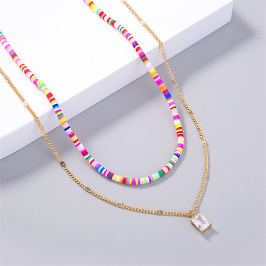 Polymer Clay and Crystal Pendant Necklace Set, jewelry gift sets for women, dainty minimalist design, front view
