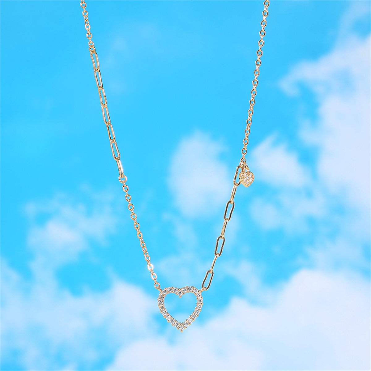 Cubic Zirconia and 18K Gold-Plated Open Heart Pendant Necklace, gold pendant necklace for women, detail close-up