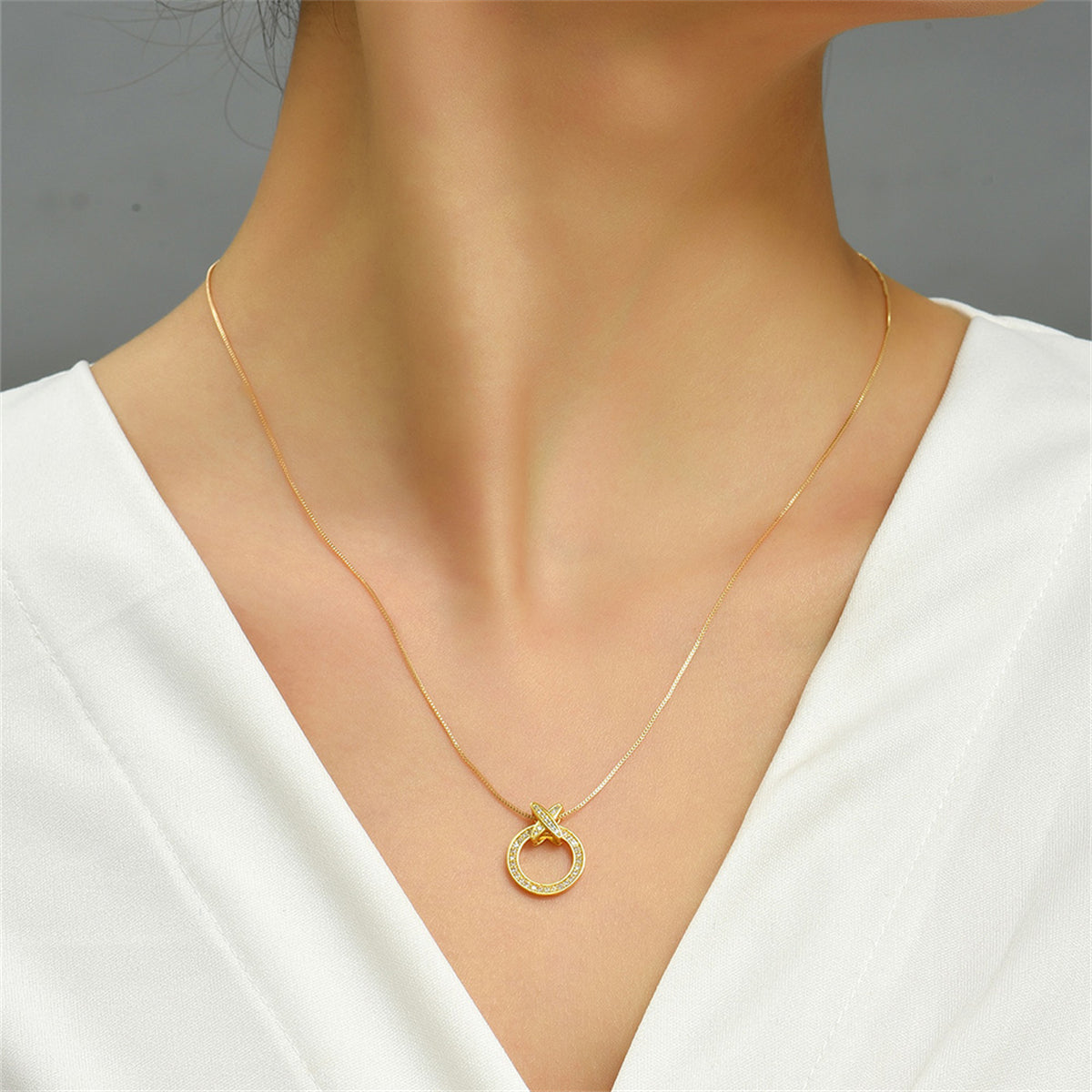 Cubic Zirconia and 18K Gold-Plated Circle Pendant Necklace, gold pendant necklace for women, everyday style, front view